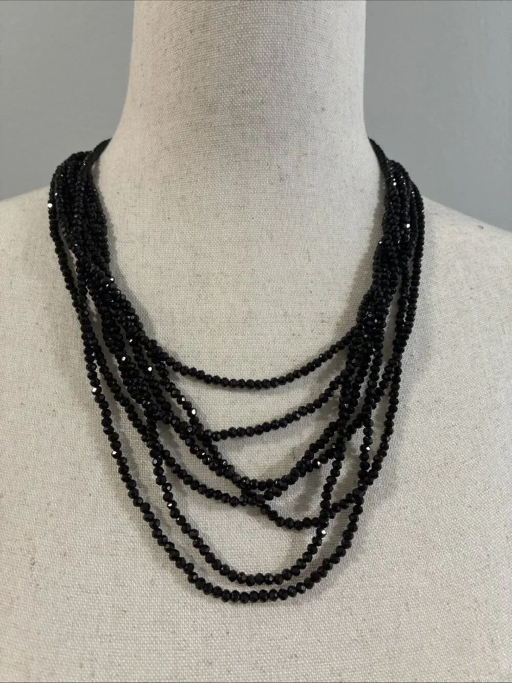 Black Faceted Bead Multi Strand Layered Statement Necklace Adjustable